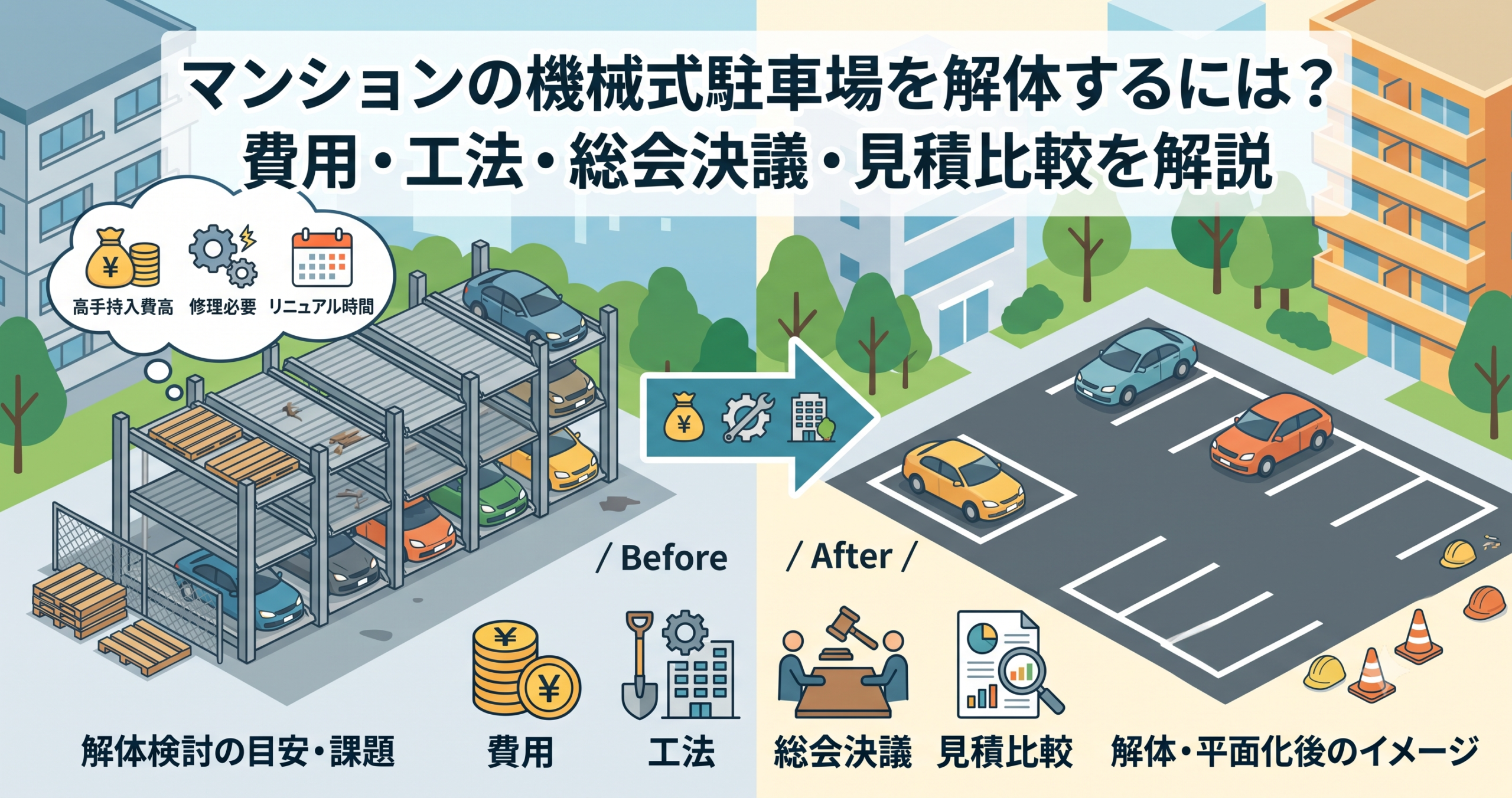 マンションの機械式駐車場を解体するには？費用・工法・総会決議・見積比較を解説